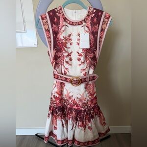 Zimmermann Cream Dress with Pink & Burgundy Floral Print and Decorative Belt